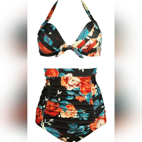 COCOSHIP Retro 50s Black Pink Blue Floral Halter High Waist Bikini Set Halter - Picture 1 of 4